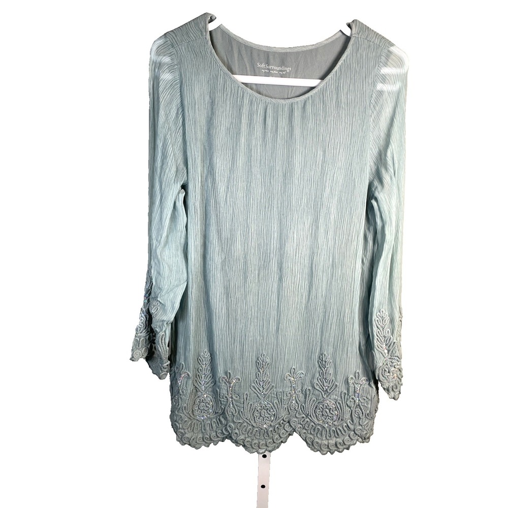 Soft Surroundings Medium Silk Tunic‎ Top Beach Vacation Blue Coral Shirt